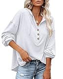 PLOKNRD Herbst Langarm Henley Shirt für Damen Leichtgewicht mit Kordelzug (Weiß,S)