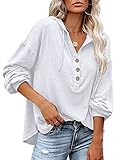 PLOKNRD Herbst Langarm Henley Shirt für Damen Leichtgewicht mit Kordelzug (Weiß,S)