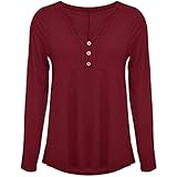 Damen Pullover Herbst Und Winter Knopf V-Ausschnitt Langarm Pullover Lose T-Shirt Top Rot+S