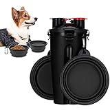 Tragbare Wasserflasche und Futterflasche 2-in-1 Trinkflasche mit 2 Faltschüsseln für Hunde,hundenapf faltbar Wassernapf für Camping, Spaziergang, Wandern, Training, Unterwegs (schwarz)