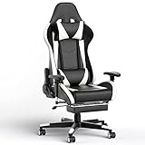 Phoetya Gaming Stuhl, Bürostuhl Ergonomisch PC Gamer Stuhl mit Fußstützen, Racing Stil Computerstuhl mit Kopfstütze und Lendenkissen, PU-Leder Schreibtischstuhl, bis 150 kg Belastbar (Schwarz-Weiss)