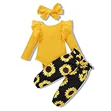 Amissz Baby Kleidung Mädchen Langarm T-Shirt Top + Hose Kleinkind Babykleidung Set mit Stirnband für 0-24 Monate (Gelb, 3-6 Monate)