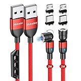 Melonboy USB C Magnetisches Ladekabel [2 m + 2 m], schnelles Aufladen und Datenübertragung, Magnet-USB-Kabel, 360 ° drehbar und 180 ° USB-Magnet-Kabel aus Nylon, kompatibel mit Typ C Micro USB (Rot)