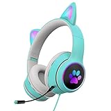YHUS Katze Ohr Kopfhörer, LED-Leuchtender Kopfhörer mit Mikrofon, Mädchen Junge faltbar Kabelgebundenes Gaming-Headset, Over-Ear-Gaming-Kopfhörer für PC Laptop(Green)(Green)