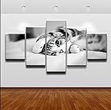 5-Teiliger Kunstdruck Auf Leinwand, Kätzchen auf Betttier Aussehenwandbild, Malerei Set Kunst Handwerk Bilder Für Haus Wand Dekor (Sweet Home-150X80cm)