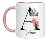 Personalisierte Tasse - 'Namens-Tasse mit Blumen Motiv' - mit Ihrem Anfangsbuchstaben und Namen - personalisiert - Geburtstag - Kaffeetasse - beidseitig bedruckt - Geschenke für Frauen (Rosa)
