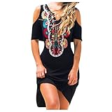 Damen Sommer Kalte Schulter Tunika Kleid Boho Drucken Swing Lose Kleider Kurzarm T-Shirt Freizeitkleid Casual Floral Mid Shift Kleid Urlaub Strandkleidung, Schwarz , L