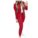 Damen Trainingsanzug Jogginganzug Set – Damen Casual gerippter Saum Bündchen Outwear – Reißverschluss Casual Hoodie Hose für Joggen Gym und Radfahren, Rot_A21, 36