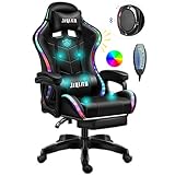 ERSHY Gaming Stühle LED-Leuchten Racing Computer Stuhl Ergonomischer Büro-Massagestuhl Mit Lordosenstütze Und Versenkbarer Fußstützenverstellung Der Rückenlehne, Bluetooth-Lautsprecher,Schw