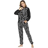 BIBOKAOKE Schlafanzug Damen Lang Kuschelig Jumpsuit Pyjama Einteiliger Overall Nachtwäsche mit Schleierkraut-Print Loungewear Hausanzug Mit Kapuze und Reißverschluss Sleepwear Stramp