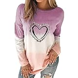 Trendige Oberteile Damen Lässiger Pullover mit Liebesherz Motiv Vintage Farbverlauf Druck Pulli Herbst Sweatshirt Winter Basic Shirt Tunika mit Rundhalsausschnitt und langen Ärmeln Lockere B