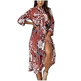 STOREYH Damen Chiffon Blumen Stickerei Kleider Elegant Lang Lanternarmeln Tiefer V-Ausschnitt Gürtel Tunika Spitze Kleid Freizeit Wellenförm Rocksaum Binden Dress Frauen Luftig Böhmen Wickel Rock
