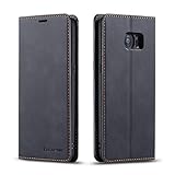 EYZUTAK Hülle für Samsung Galaxy S7, Magnetverschluss Premium PU Leder Flip Case mit Kartenfächern Brieftasche Standfuntion stoßfeste Silikonhülle Retro Ledertasche - Schw