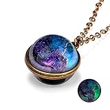 Berimaterry Frauen Glow In The Dark Galaxy System Doppelseitige Glaskuppel Planet Halskette Anhänger Kette Freundin Bankett Schmuck Anhänger Halskette，B