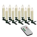 Hellum 530209 LED Weihnachtsbaumkerzen kabellos, 10x warmweiß LED Kerzen mit Fernbedienung, batteriebetriebene 9x1,5cm Christbaumkerzen ohne Kabel, dimmbar mit Flackermodus, Wachstrop