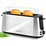 TZS First Austria - 2 Scheiben Automatik Toaster Edelstahl Langschlitztoaster 1000W integrierter Brötchenaufsatz, Cool-Touch Gehäuse, Krümelschublade, Bräunungsgrad einstellbar, Langschlitz, schw