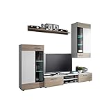 Wohnwand Twist, Design Modernes Wohnzimmer Set, Anbauwand, Schrankwand, Vitrine, TV Lowboard, Mediawand, (mit weißer LED Beleuchtung, Weiß/Eiche Sonoma + Weiß)