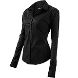 FLY HAWK Bluse Hemdbluse Damen Hemd Basic Kent-Kragen Elegant OL Work Slim Fit Langarm Stretch Formelle Hemden,Schwarz, Größe 36, Hersteller - 8