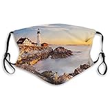 Bequeme bedruckte Maske, USA, Cape Elizabeth Maine River Portland Leuchtturm Sonnenaufgang USA Küstenlandschaft, Winddichte Gesichtsdekoration für Erwachsene, Größe: M