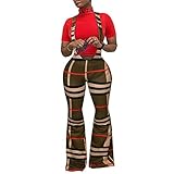 Qtinghua Damen Plaid hohe Taille Strapse Glocke unten Hose verstellbar ärmellos Jumpsuit Gr. Medium, khak