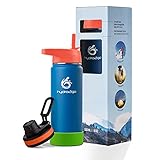 hydro2go ® Kinder Trinkflasche aus Edelstahl - 500ml | Thermo Edelstahlflasche BPA-frei für Kinder + 2 Trinkverschlüsse | 100% Auslaufsichere Kinderflasche | Strohhalm- und Sport-V