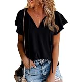 KBUY Damen Kurzarm Chiffon Hemd Sommer Kurzarm Tops mit Blumendruck Elegant Bohemian Sommer Oberteil Tops Damen Casual T-Shirt Kurzarm V-Ausschnitt Bluse Einfarbig/Blumen Tunika Top Sommer Frühling