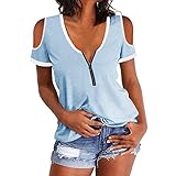 Tunika Strand lang Blusen Damen Lässig Kurzarm Sexy V-Ausschnitt Reißverschluss Schulterfreies Tuniken Blusen Vintage Drucken Elegant T-Shirt 2022 Mode Sommer Oberteile XL