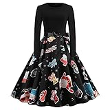 Pianshanzi Weihnachtskleid Damen Langarm Vintage Elegante Kleider Weihnachtsdruck A-Linie Swing Retro High Waist Midikleid Cocktailkleid Abendk