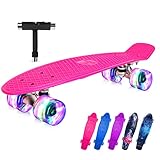 BELEEV Skateboard 22 Zoll Komplette Mini Cruiser Skateboard für Kinder Mädchen Jugendliche Erwachsene, Led Leuchtrollen mit All-in-one Skate T-Tool für Anfänger (Rose Pink)