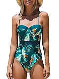 CUPSHE Damen Badeanzug Blättermuster Push up Einteilige Bademode Swimsuit Grün M