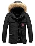 Herren Daunenjacke Winterjacke Fur Hooded Puffer Jacket Fell Pelzmantel Winterparka Pelzkragen Mit Kapuze Winter Warme Mäntel Jacken (Schwarz, L)