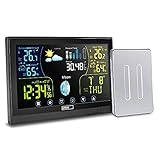 Wetterstation Funk mit Außensensor , Touchscreen Farbdisplay, DCF Funkuhr mit Wecker, Innen- und Außentemperatur, Barometer, Hygrometer, Mondphase, intelligente Wettervorhersag