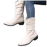 Hotberry Damen Halbhohe Stiefel mit Dicke Absätze Western Cowboy Stiefel Schlupfstiefel Winterstiefel für Frauen rutschfest Outdoor Bequeme Schneestiefel Motorradstiefel Halb