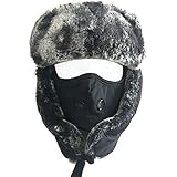 QMFIVE Windproof Hüte, Unisex Herren & Damen Winter Warme Sturmhauben mit Ohrenklappe und Outdoor Mund Maske Gesichtsschutz für Jagd Bomber Pilot Schnee Ski Fliegermütze Plüschhut (Schwarz)