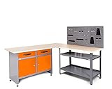 Ondis24 Werkstatt-Set Ecklösung Sparfuchs Basic Plus 180 x 180 x 85cm (H), 2x Werkbank aus Metall, melaminbeschichtete Arbeitsplatte, Problemlöser für Eck