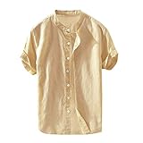 Huichang Hemd aus Leinen und Baumwolle Baggy für Herren mit kurzen Ärmeln und Knöpfen Retro T-Shirts Mode Sommer Mode Blusen Weich und atmungsaktiv S-XXL, kaki, L