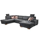 CAVADORE Wohnlandschaft Puccino mit Federkern, Schlaffunktion, verstellbarer Rückenlehne und 2 Kopfstützen / Sofalandschaft in U-Form im Landhaus-Design / 340 x 86 x 224 cm / Mikrofaser g