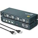 KVM Switch HDMI 4 Port 4K, 4 PC 1 Monitor Switch,4K@60Hz, USB 2.0, HDMI 2.0, HDCP2.2,Umschalter KVM, Mit4 HDMI-Kabel und 4 USB-Kabel,Button Sw