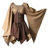 NHNKB Damen Mittelalter Kleid mit Trompetenärmel Retro Gothic Kleid Renaissance Cosplay Kostüm Korsett Übergröße Kleid Corsage Karneval Party Halloween Kostüm, Khaki L