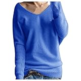 OIKAY Pullover Damen Winter Einfarbig Causal Strickpullover Langarm V-Ausschnitt Lose Warme Sweater Pulli Stricken Sweatshirt Oberteil Tops(A Blau,4XL)