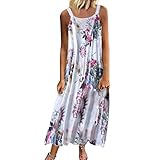 LOPILY Sommerkleid Damen Große Größen Ärmellos V-Ausschnitt Maxikleid Blumen Hippie Druckkleid Freizeit Kleid Plissee Kleid Retro Kleid für Reise Übergrößen bis 5XL (Rosa, DE-48/CN-5XL)