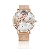 Personalisiert Foto Armbanduhr für Damen mit Gravur Text Fashion Uhr Metallarmband Rosegold Schwarz Zifferblatt Wasserdicht Geburtstagsgeschenk für Mutter Freundin Familie (Roségold)