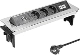 Elbe Inno Versenkbare Tischsteckdose 2xUSB, 3 Fach Steckdosenleiste mit 2xRJ45 Netzwerkdose, Einbausteckdose, Kindersicherung, verchromte Optik, Halbautomatischer Deckel, 1,5m Kabel, für Bü