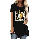 MOMONIHAO Damen T-Shirt Sonne Drucken Muster Kurzarm Basic Lose Rundhals Casual Loose Fit Oberteil Top Sommer (Schwarz,S)