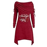 Weihnachtskleid Damen Elegante Frauen Langarm Kleid Christmas Off Shoulder Abendkleid mit Hirsch-Muster Aufdruck Unregelmäßiges Festliches Partykleid Cocktaiikleid Christmas Dress Strickrock