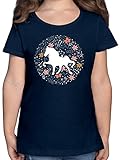Tiermotiv Animal Print - Pferd mit Blumen - 128 (7/8 Jahre) - Dunkelblau - Pferde Tshirt mädchen - F131K - Mädchen Kinder T-S