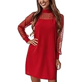 AFFGEQA Damen Freizeit Kleider Damen Aushöhlen Langarm Rundhals Pullover Spitze Lässig Locker Minikleid Shirt T-Shirt Spitzenk