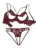 Lilosy Sexy Dessous mit Bügel, Riemchen, Wimpern, florale Spitze, durchsichtig, 2-teilig, burgunderfarben, X-S