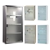 HS-Lighting Medizinschrank Arzneischrank Edelstahl Erste Hilfe Schrank abschließbare Meidikamentenschrank Hausapotheke Tip-on Glastür mit Schloss 60ⅹ30ⅹ12cm (4 Fächer-Silber)
