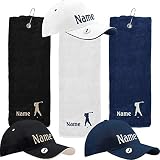 Nashville print factory Geschenkset Golftuch + Golfcap mit Namen Bestickt Golfhandtuch Golfer Basecap (Weiß)